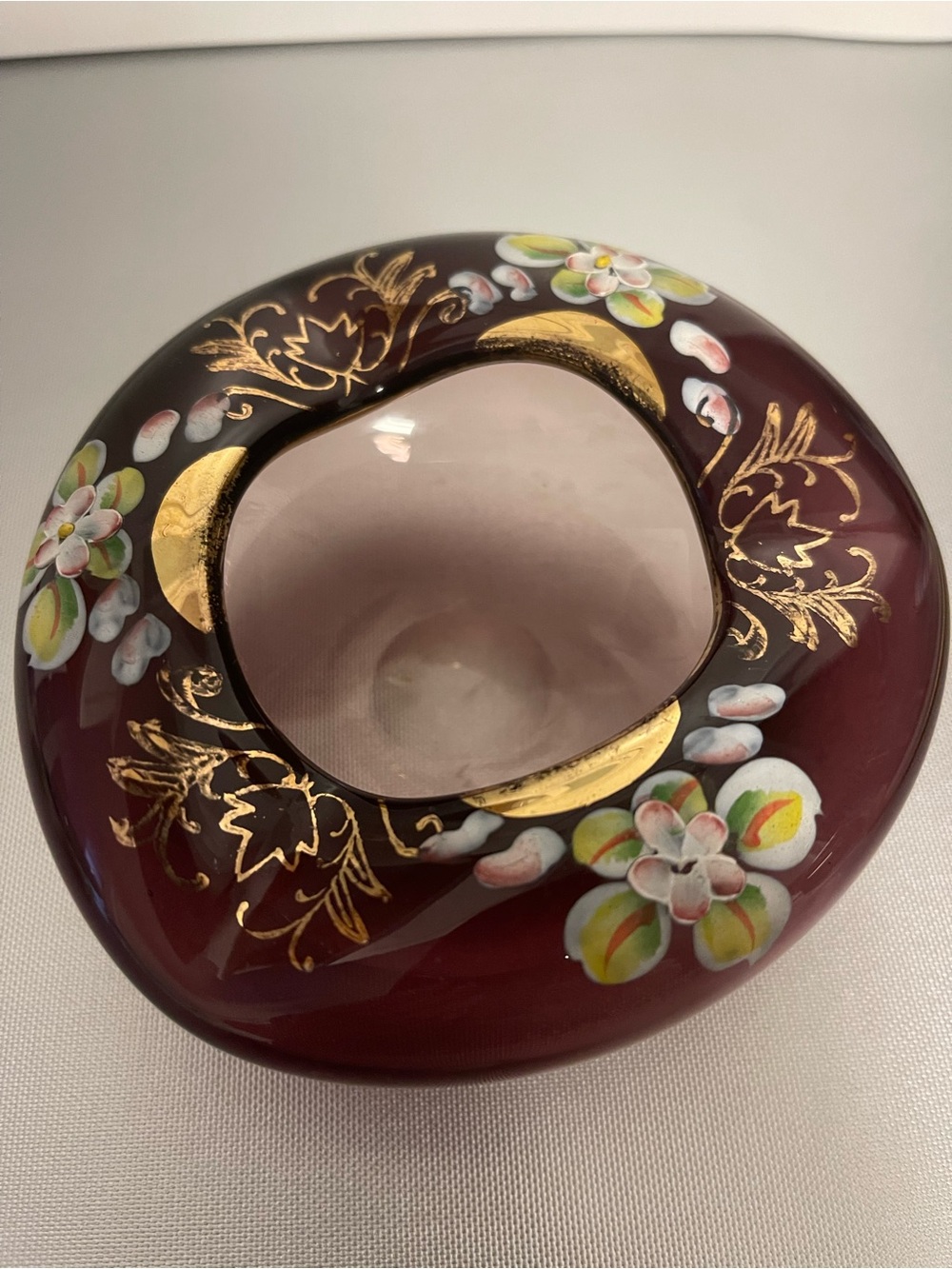 Vintage Glass Hand-Painted Burgundy Glass Decorative Ashtray with Gold Accents